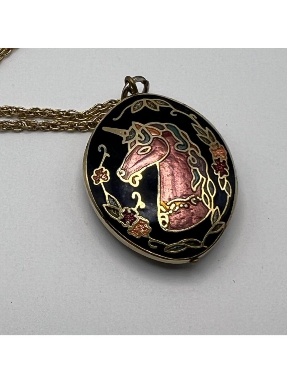 Vintage Unicorn Pendant Necklace Gold-Tone Cloisonne Black Double Sided Oval 23" - Picture 8 of 10